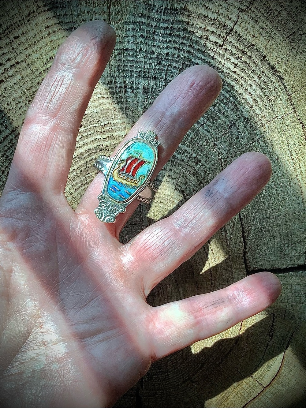 Vintage Viking Ship Enamel ring, size 9.5